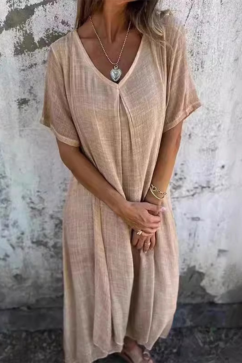 Vestido informal sencillo de manga corta con cuello en V y parches lisos