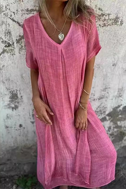Vestido informal sencillo de manga corta con cuello en V y parches lisos