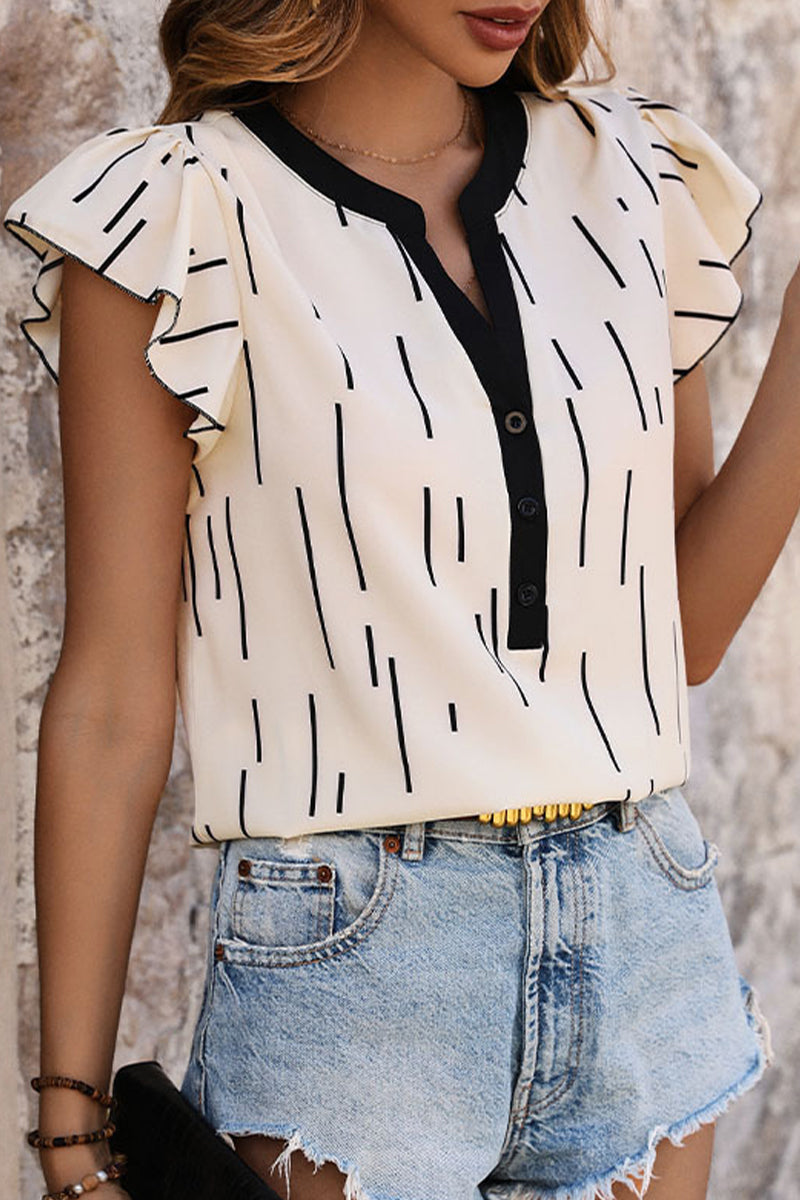 Tops casuales de rayas con volantes y tirantes cruzados con cuello en V