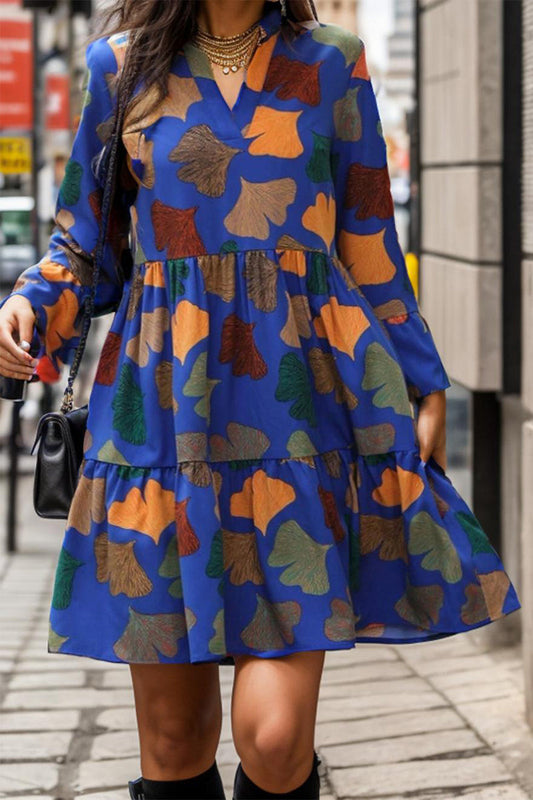 Vestido casual vintage con volantes y cuello en V estampado