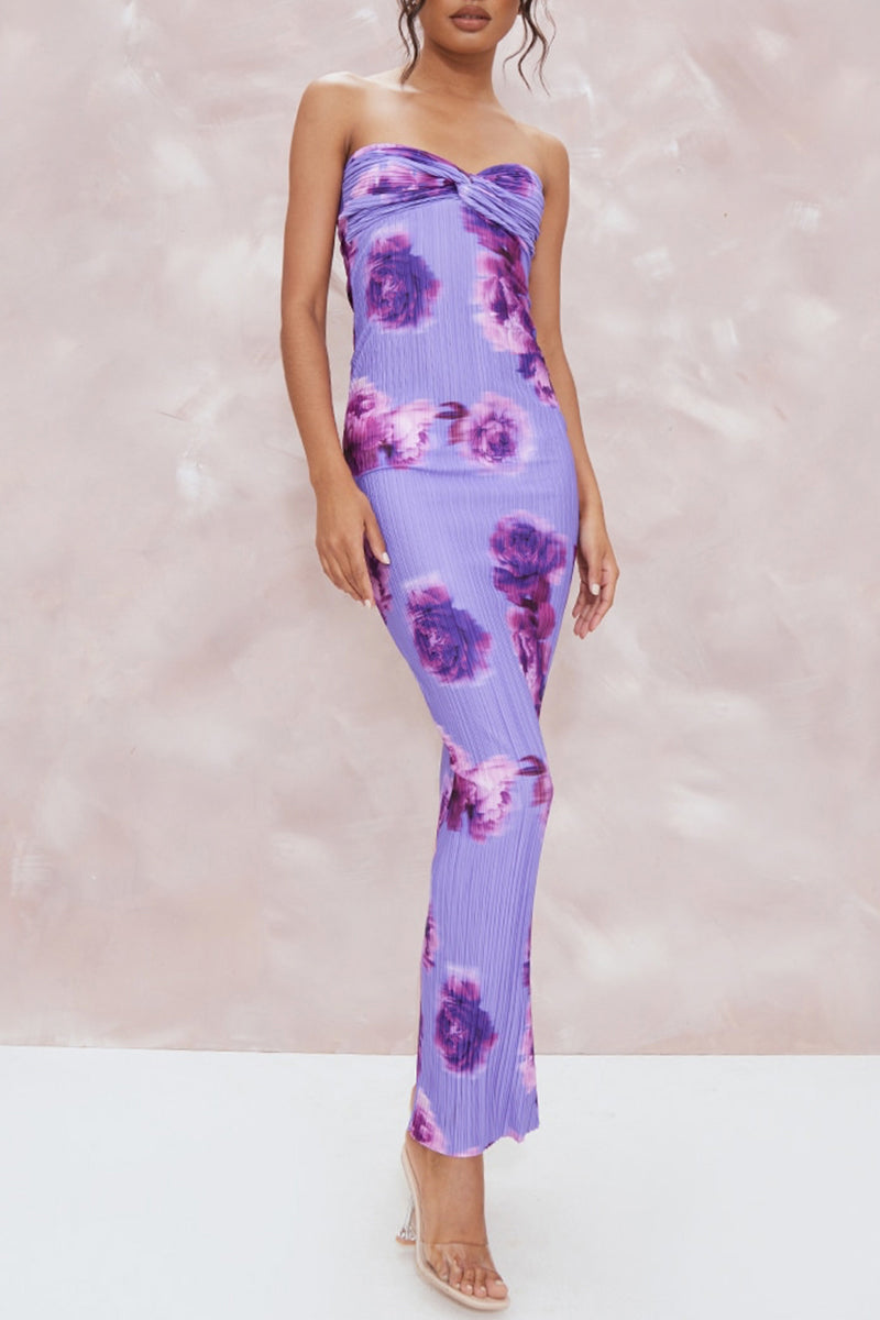 Vestidos sexis de vacaciones con estampado geométrico, sin tirantes y con pliegues, falda de un solo paso