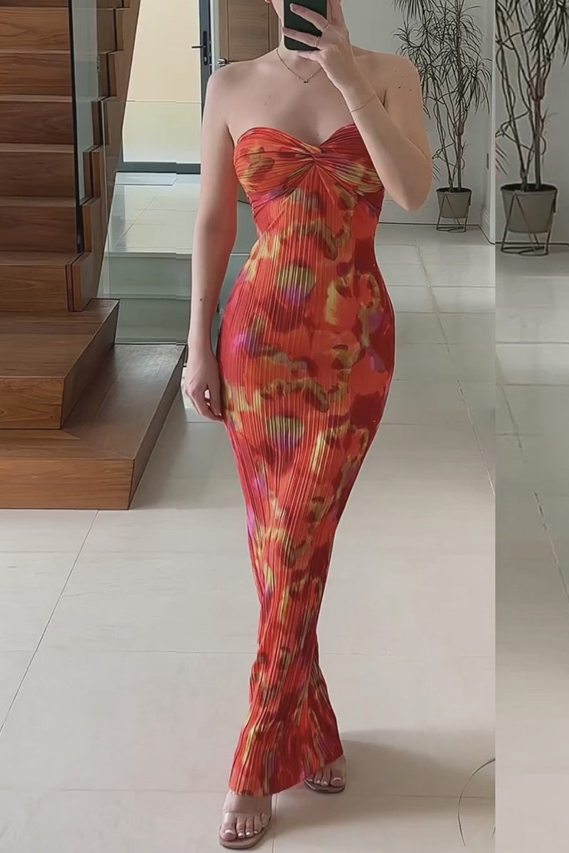 Vestidos sexis de vacaciones con estampado geométrico, sin tirantes y con pliegues, falda de un solo paso