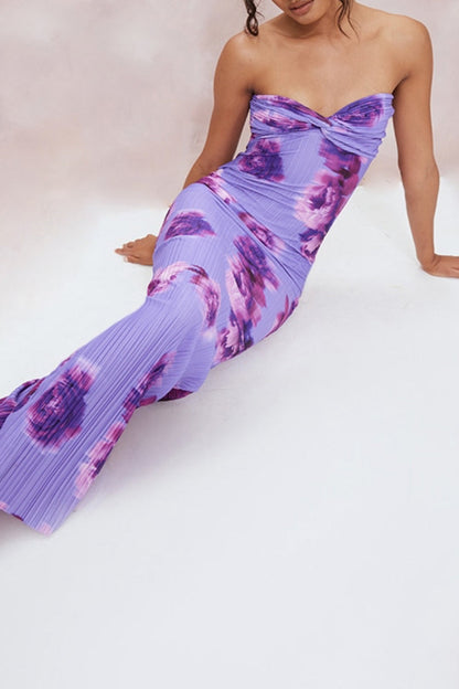 Vestidos sexis de vacaciones con estampado geométrico, sin tirantes y con pliegues, falda de un solo paso