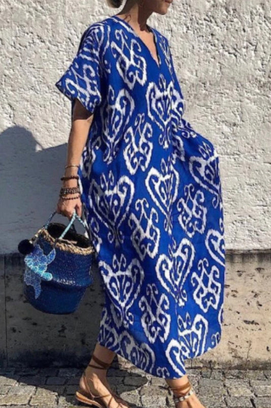 Vestido casual vintage con estampado geométrico, escote en V, corte A y manga corta