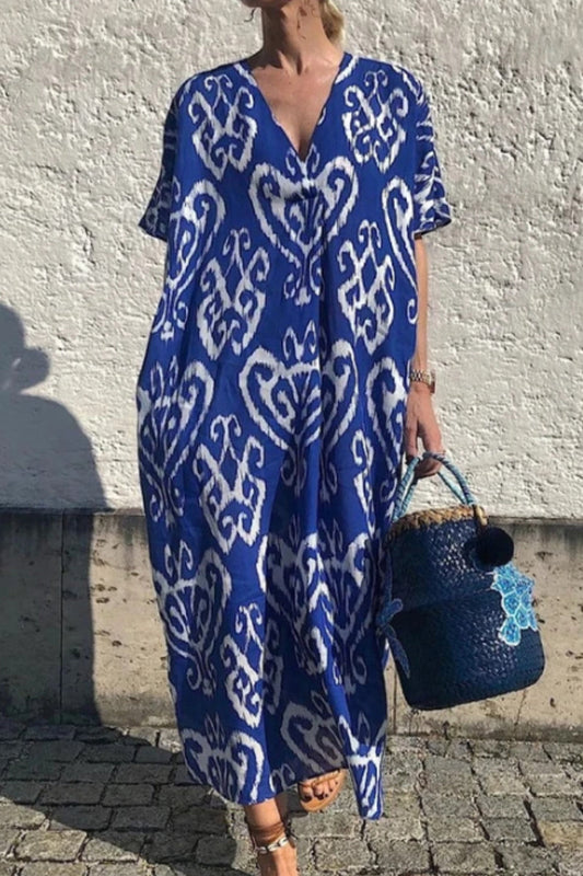 Vestido casual vintage con estampado geométrico, escote en V, corte A y manga corta