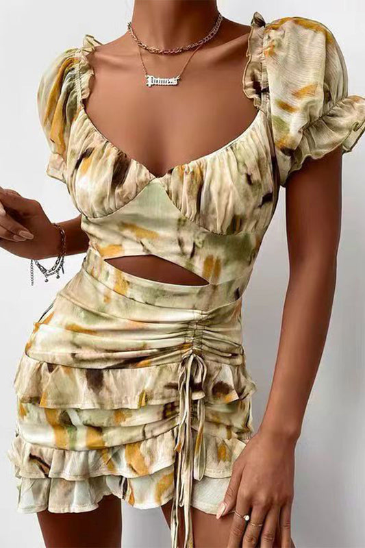 Vestidos irregulares sexys con cuello en V, volantes y cordón floral