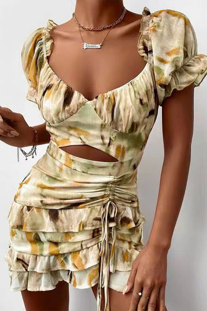 Vestidos irregulares sexys con cuello en V, volantes y cordón floral