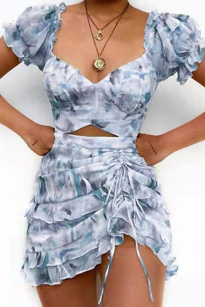 Vestidos irregulares sexys con cuello en V, volantes y cordón floral