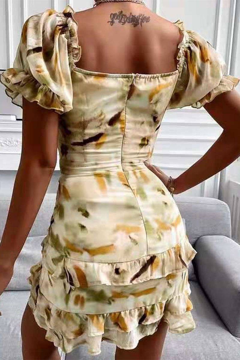 Vestidos irregulares sexys con cuello en V, volantes y cordón floral