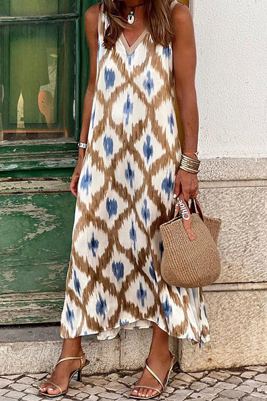 Vestidos casuales con cuello en V, estampado geométrico y patchwork