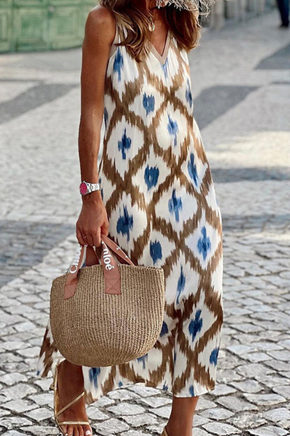 Vestidos casuales con cuello en V, estampado geométrico y patchwork