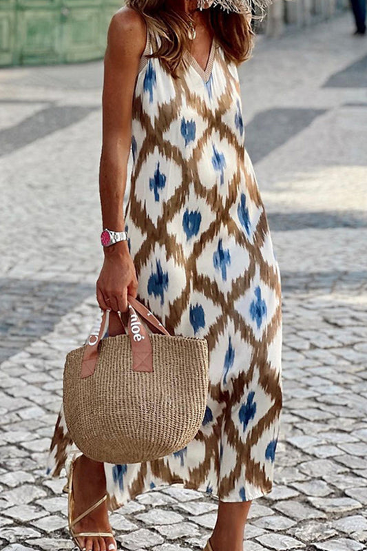 Vestidos casuales con cuello en V, estampado geométrico y patchwork
