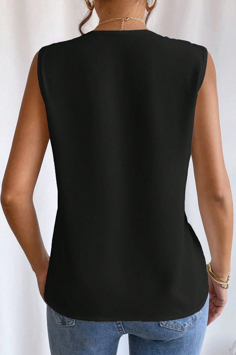 Elegante blusa sencilla con cuello en V y pliegues sólidos