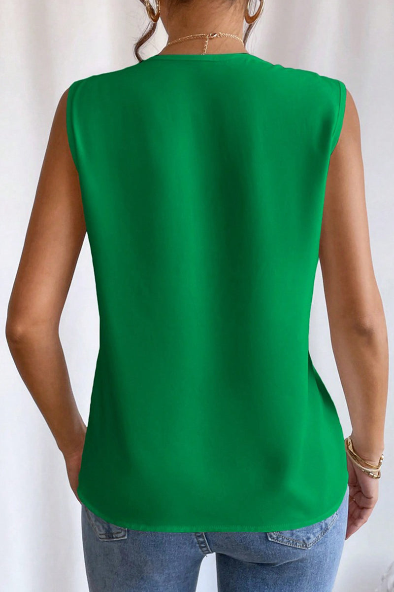 Elegante blusa sencilla con cuello en V y pliegues sólidos