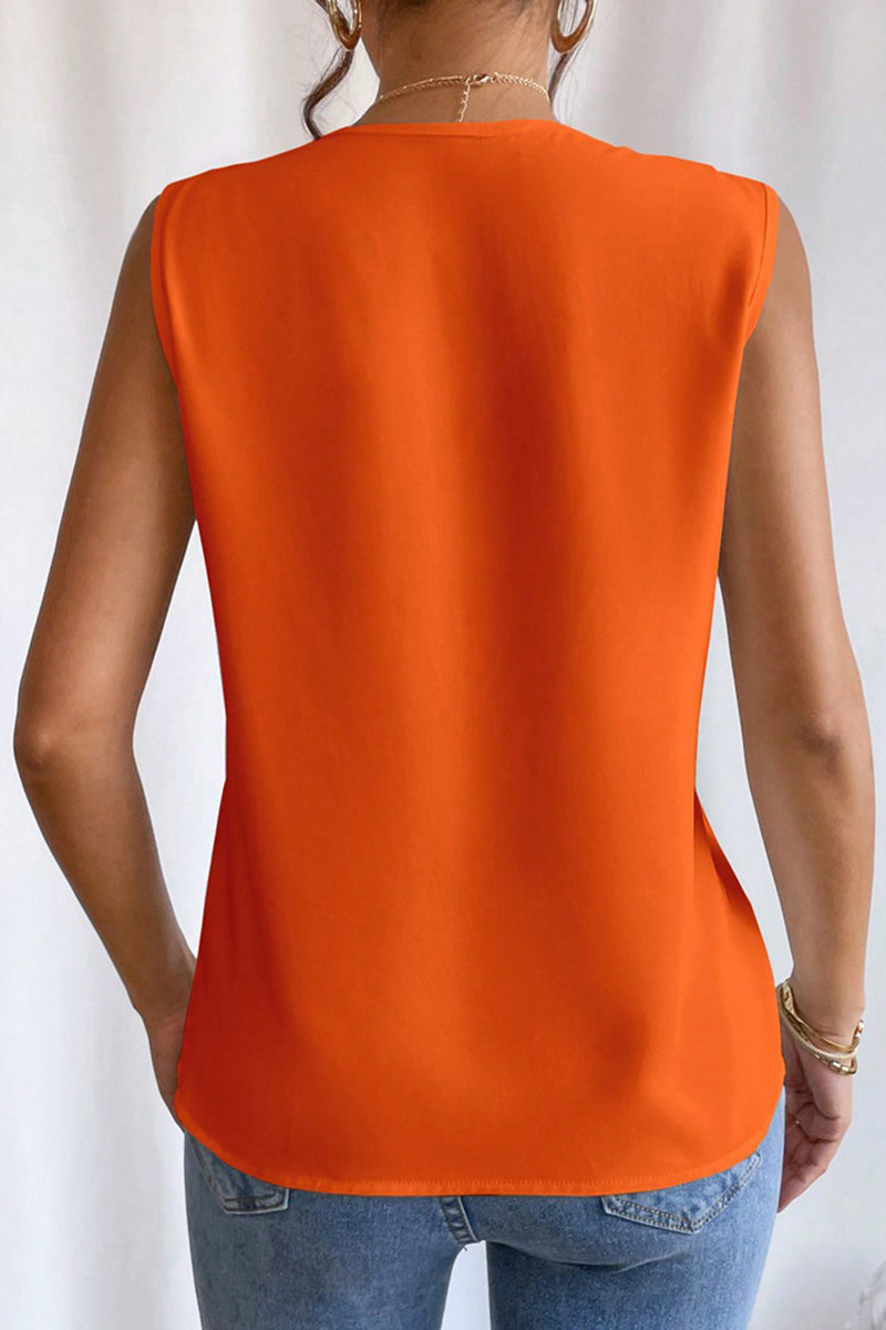 Elegante blusa sencilla con cuello en V y pliegues sólidos