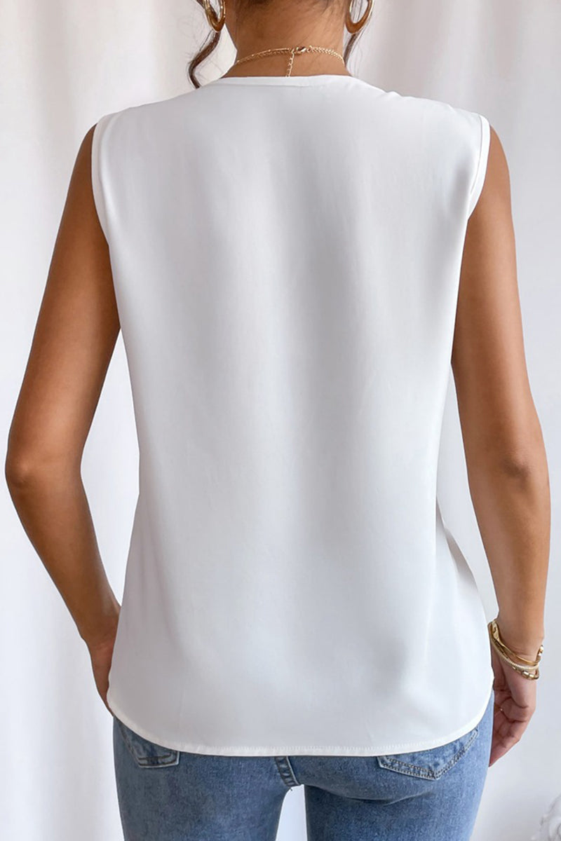 Elegante blusa sencilla con cuello en V y pliegues sólidos