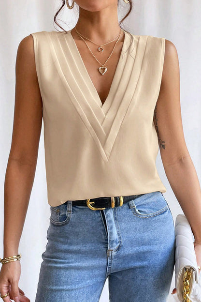 Elegante blusa sencilla con cuello en V y pliegues sólidos