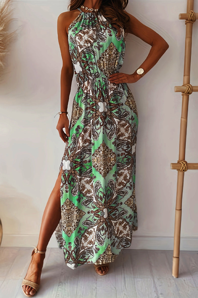 Vestidos vintage elegantes con cuello halter y estampado de línea A