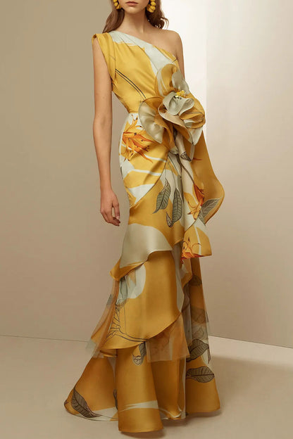 Elegantes vestidos de noche con cuello oblicuo y volantes florales