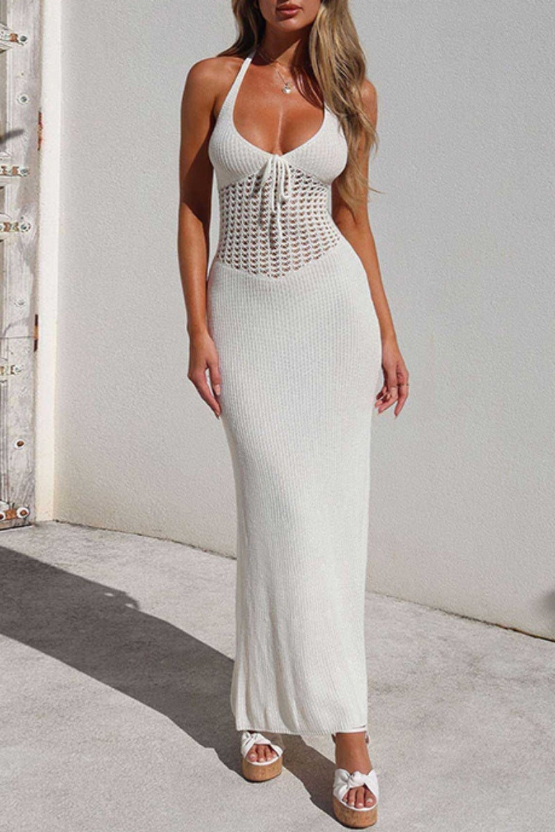 Vestidos largos sexys con cuello halter, espalda descubierta y frenillo ahuecado, sólidos