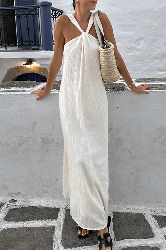 Vestidos casuales sencillos, lisos, con pliegues y cuello halter, sin mangas