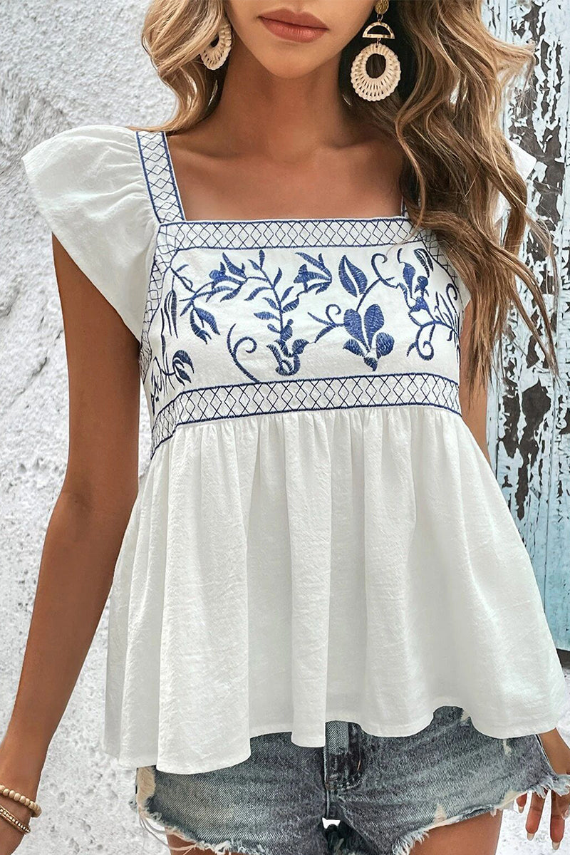 Blusa informal de vacaciones con cuello cuadrado, volante y frenillo bordado liso