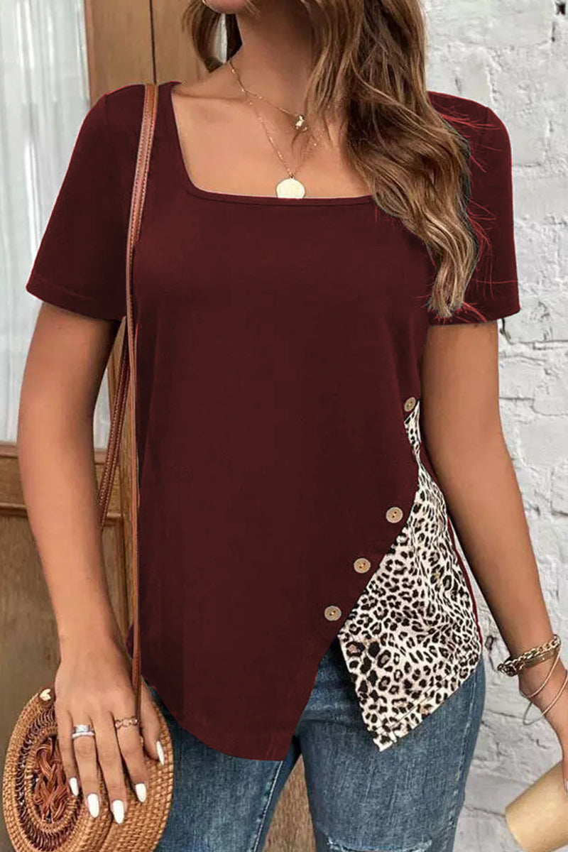 Camisetas casuales con cuello cuadrado y botones de patchwork de leopardo