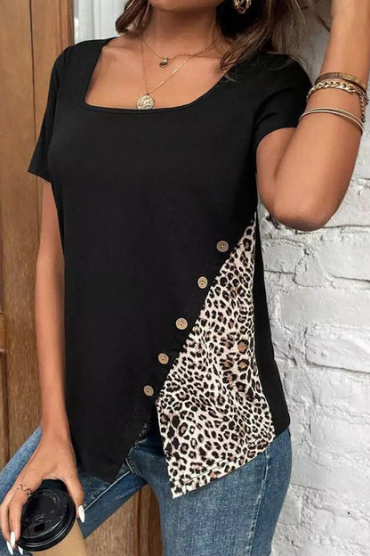 Camisetas casuales con cuello cuadrado y botones de patchwork de leopardo