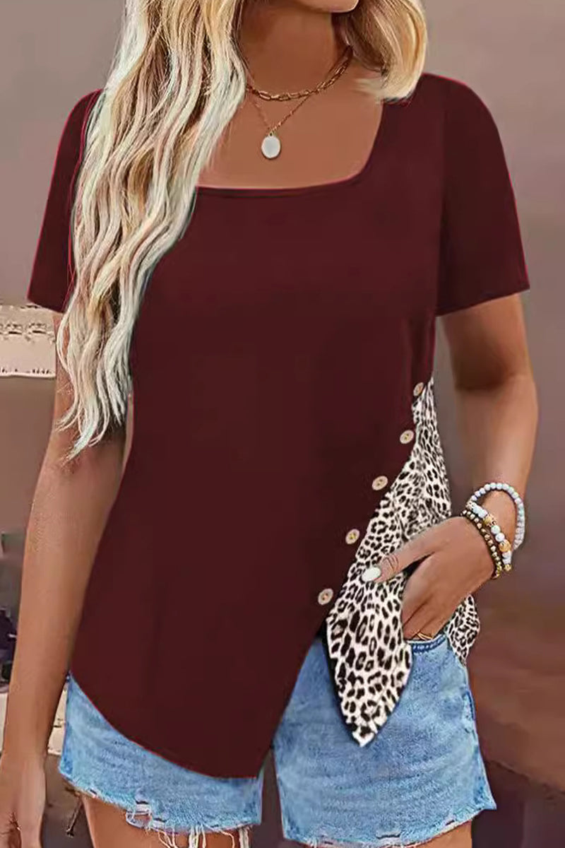 Camisetas casuales con cuello cuadrado y botones de patchwork de leopardo