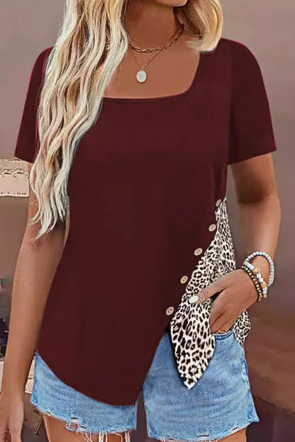 Camisetas casuales con cuello cuadrado y botones de patchwork de leopardo