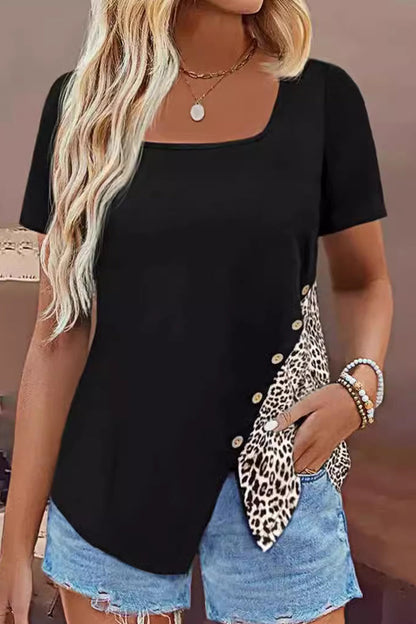 Camisetas casuales con cuello cuadrado y botones de patchwork de leopardo