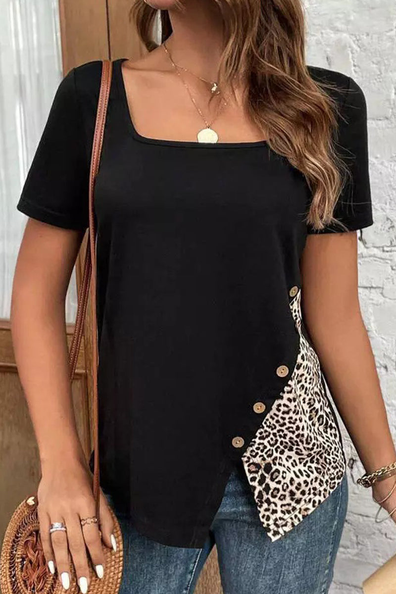 Camisetas casuales con cuello cuadrado y botones de patchwork de leopardo