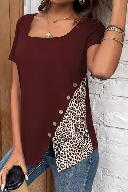 Camisetas casuales con cuello cuadrado y botones de patchwork de leopardo