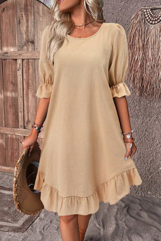 Vestidos casuales de corte A con cuello redondo y volantes sólidos