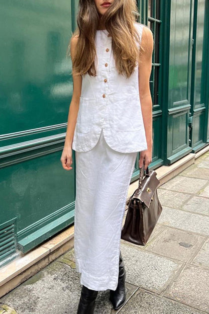 Elegante conjunto de dos piezas sin mangas con cuello redondo y hebilla sólida