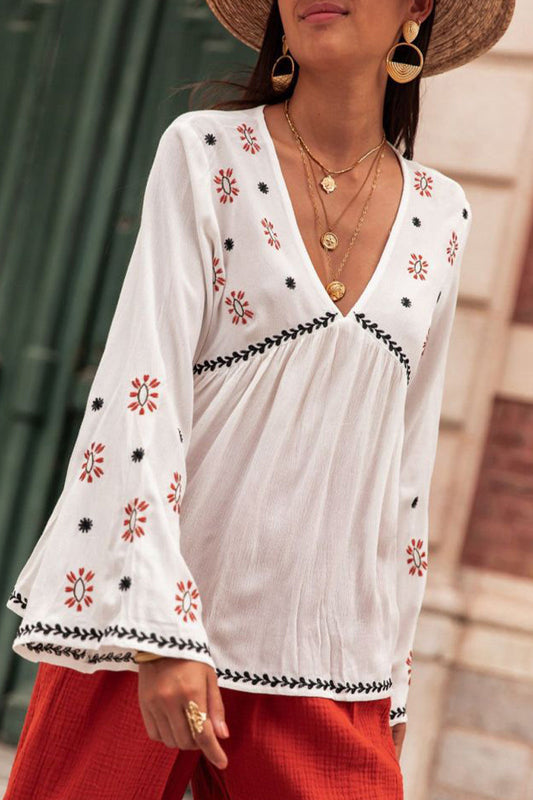 Tops casuales con cuello en V y estampado geométrico de patchwork