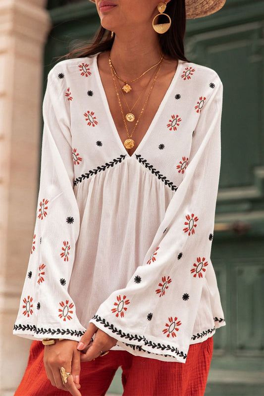 Tops casuales con cuello en V y estampado geométrico de patchwork
