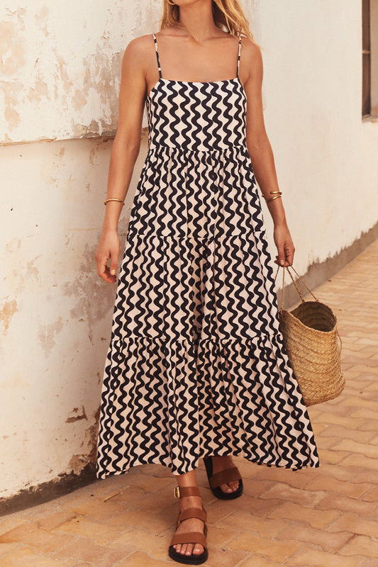 Vestidos casuales con estampado geométrico, volantes, cuello cuadrado y tirantes