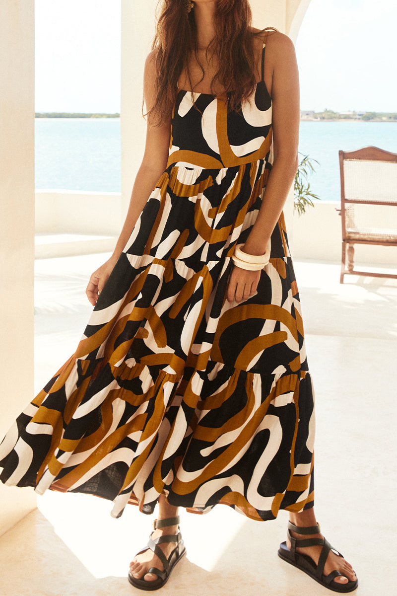 Vestidos casuales con estampado geométrico, volantes, cuello cuadrado y tirantes