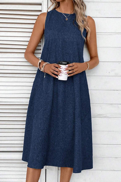Vestidos casuales sencillos, lisos, con bolsillos y cuello redondo, sin mangas