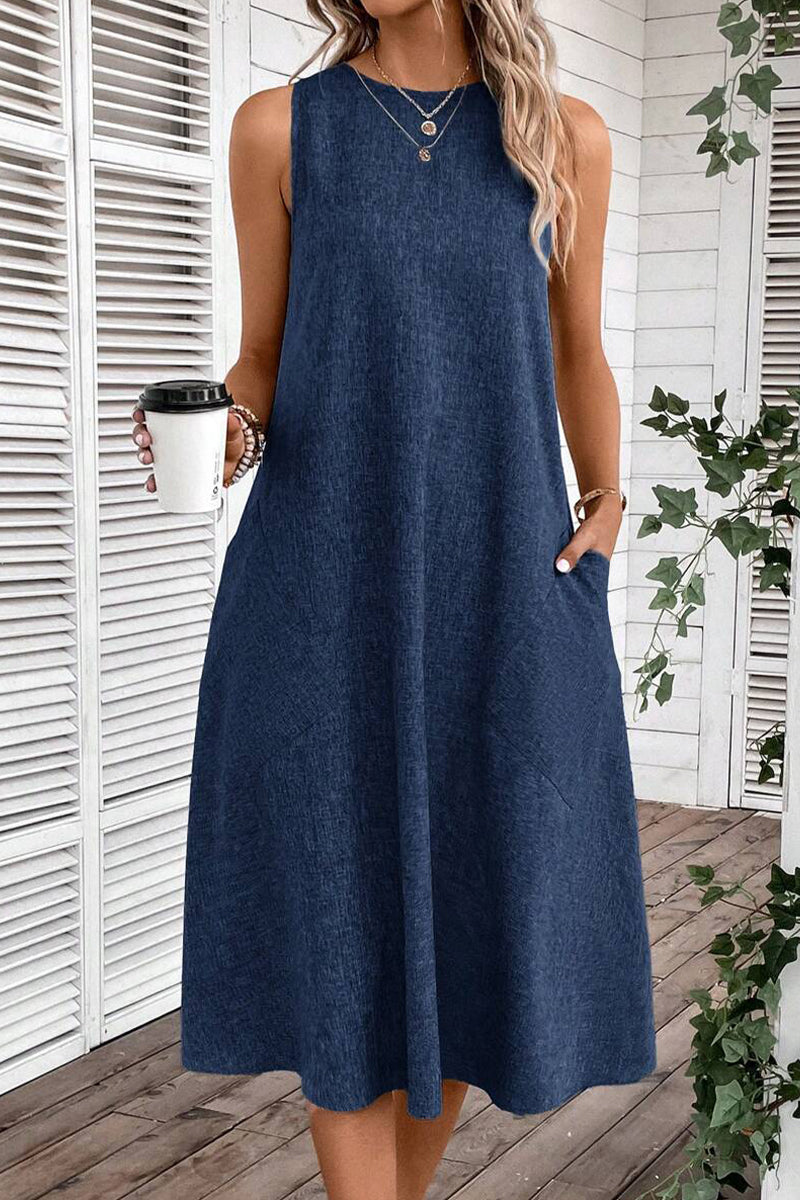 Vestidos casuales sencillos, lisos, con bolsillos y cuello redondo, sin mangas