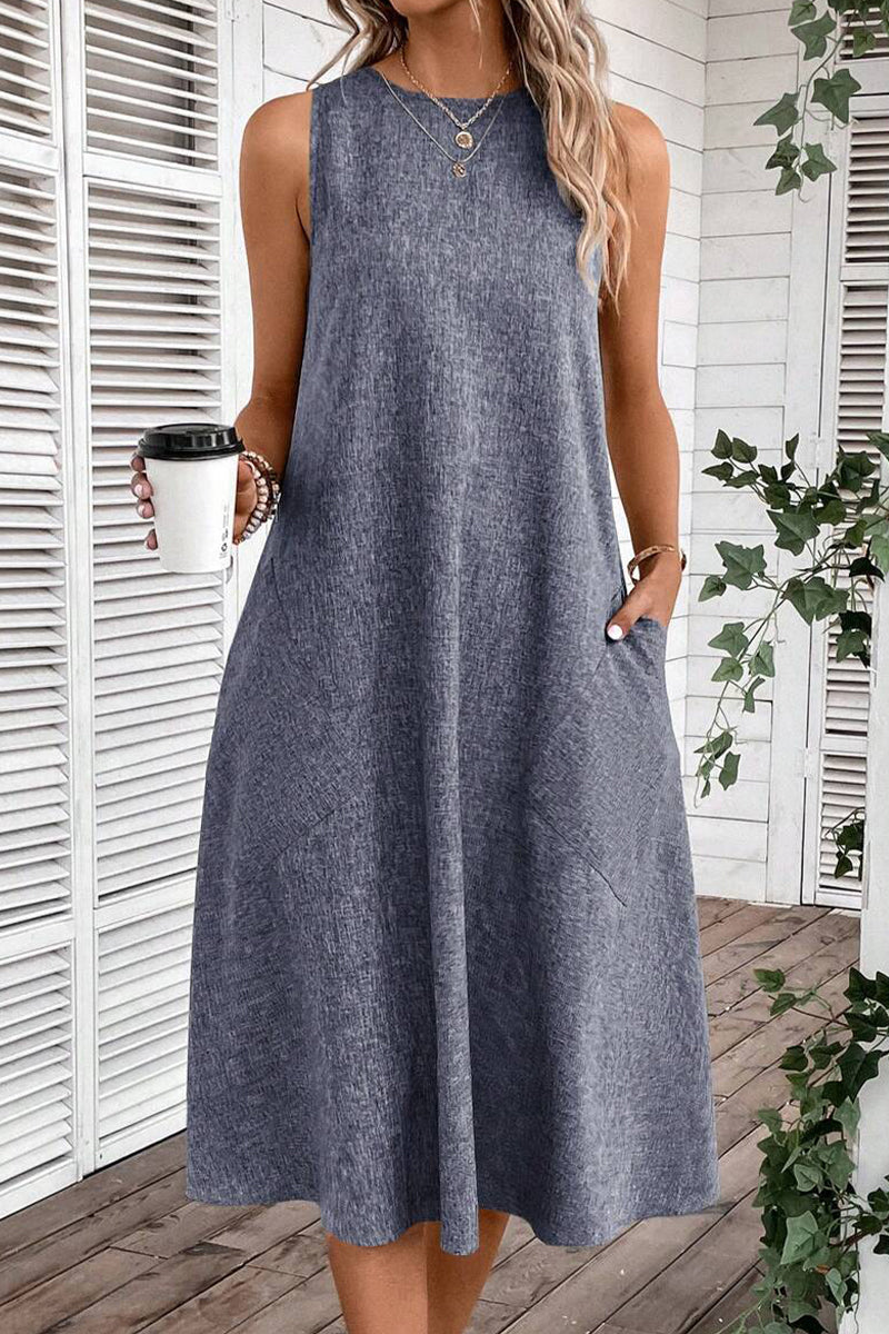 Vestidos casuales sencillos, lisos, con bolsillos y cuello redondo, sin mangas