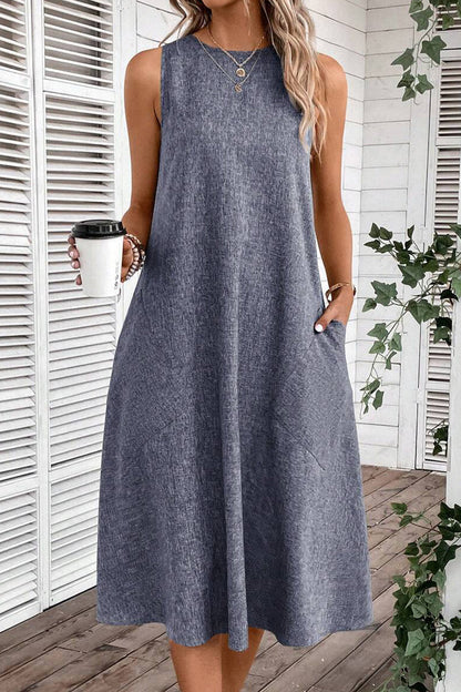 Vestidos casuales sencillos, lisos, con bolsillos y cuello redondo, sin mangas