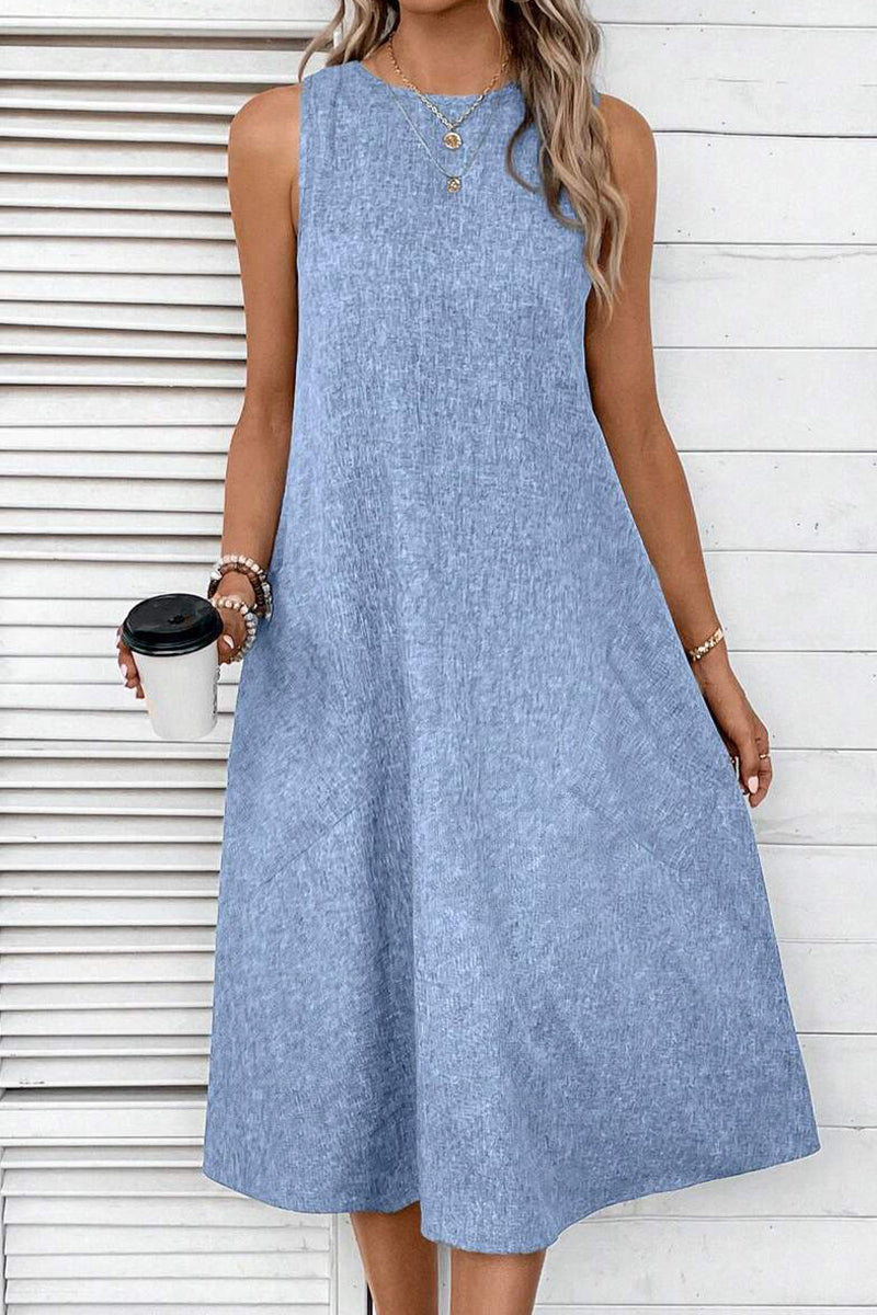 Vestidos casuales sencillos, lisos, con bolsillos y cuello redondo, sin mangas