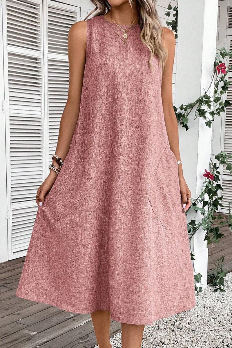 Vestidos casuales sencillos, lisos, con bolsillos y cuello redondo, sin mangas