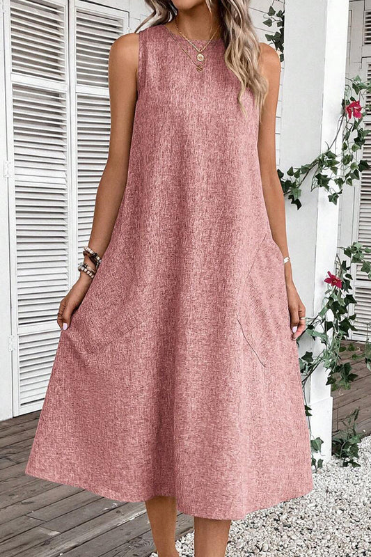 Vestidos casuales sencillos, lisos, con bolsillos y cuello redondo, sin mangas