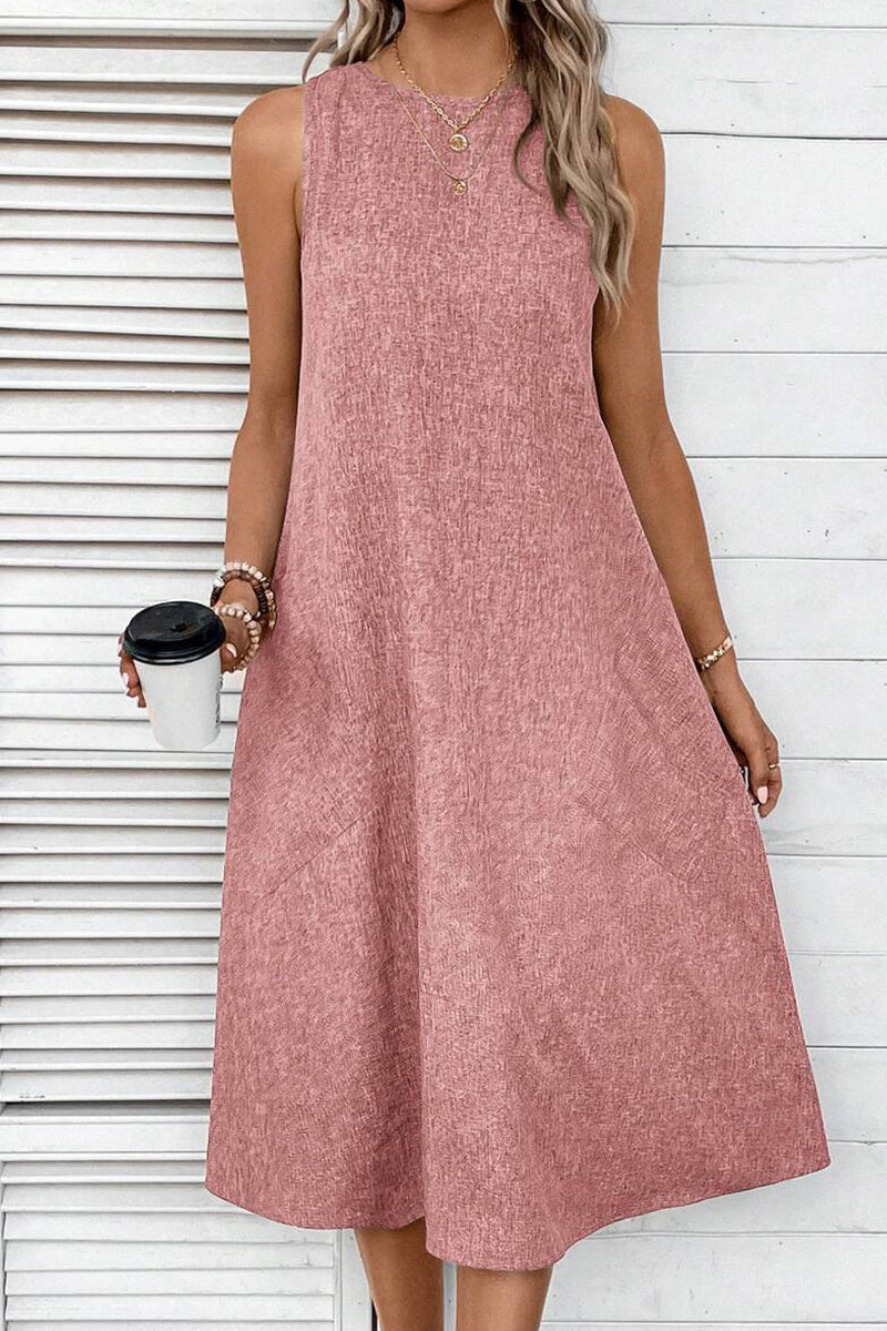 Vestidos casuales sencillos, lisos, con bolsillos y cuello redondo, sin mangas
