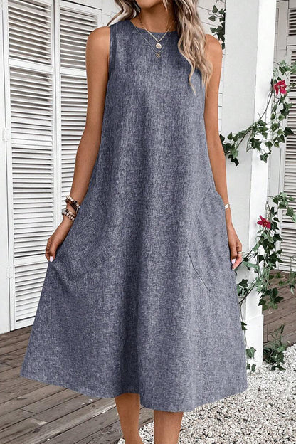 Vestidos casuales sencillos, lisos, con bolsillos y cuello redondo, sin mangas