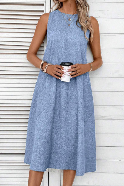 Vestidos casuales sencillos, lisos, con bolsillos y cuello redondo, sin mangas