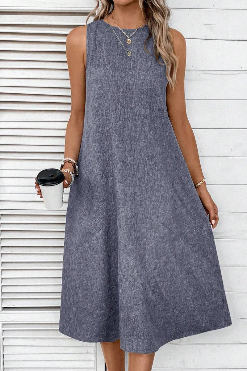 Vestidos casuales sencillos, lisos, con bolsillos y cuello redondo, sin mangas